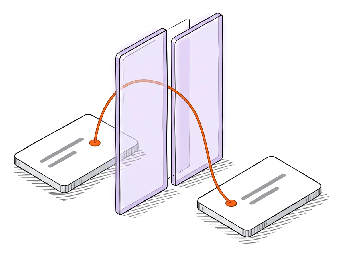 Deux lames de verre lavande dressées côte à côte comme une porte ; un fil orange part d’une carte blanche à gauche, passe dans l’interstice et rejoint une carte blanche à droite.