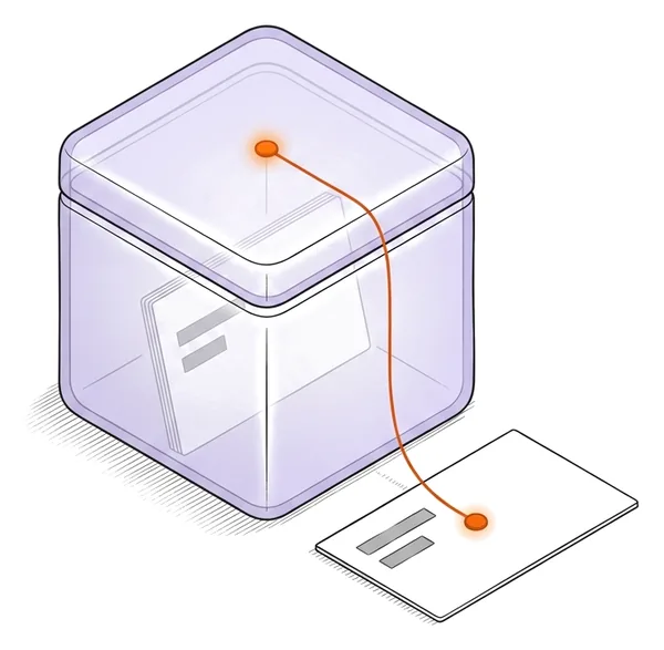 Un coffret de verre lavande fermé, une carte blanche enfermée dedans ; un fil orange part du couvercle et rejoint une carte blanche posée devant.