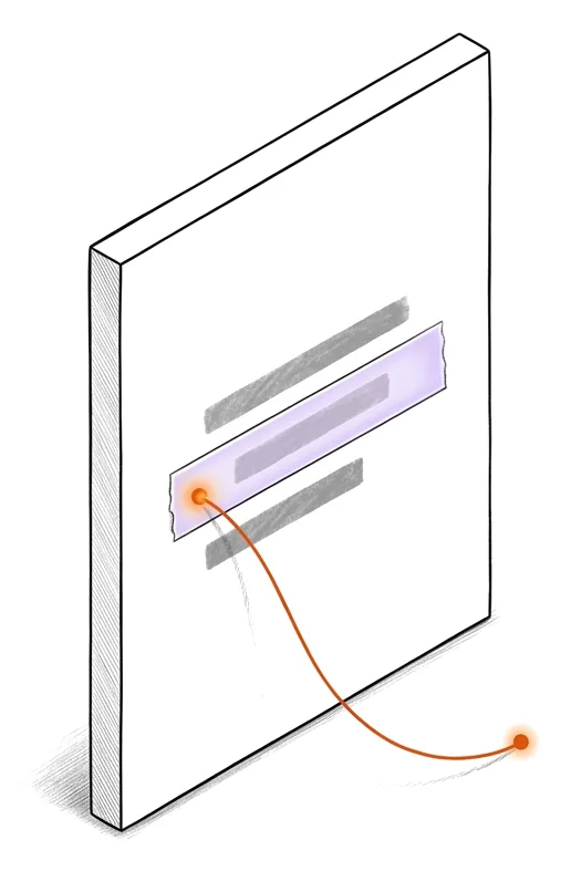 Une carte blanche dressée, une bande de verre lavande posée sur ses lignes ; un fil orange part de la bande et sort de la carte par le bas.