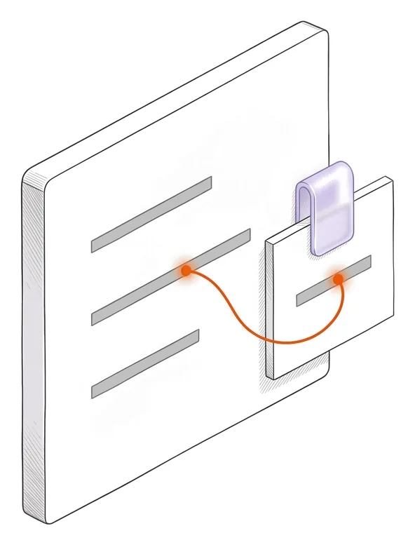 Une grande carte blanche à trois barres grises ; sur son bord droit, un clip lavande tient une petite carte carrée, reliée par un fil orange à la barre du milieu.