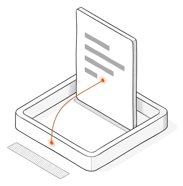 Une grande carte blanche à quatre barres grises glisse debout dans un plateau blanc ; un fil orange relie le bord du plateau à la carte ; à côté, une bande hachurée détachée reste au sol.
