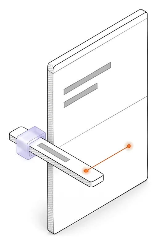 Une carte blanche debout, deux barres grises en haut, la moitié basse vide ; à côté, une languette blanche avec un clip lavande attend, reliée par un fil orange à la partie vide.