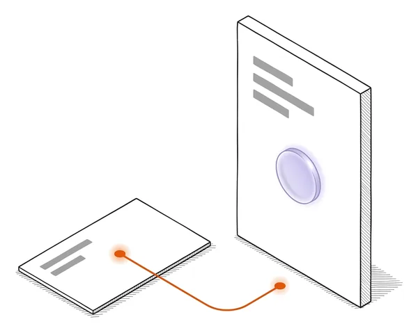 Une carte blanche debout porte un sceau rond en verre lavande ; à gauche, une carte à plat ; le fil orange qui en part s’arrête au sol, à distance de la carte debout, sans la toucher.