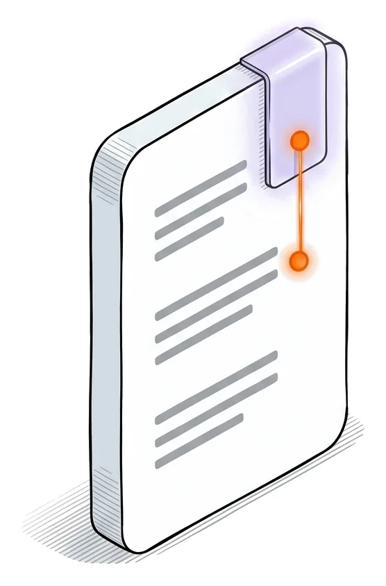 Une page debout, un clip de verre lavande sur l’un de ses passages, le fil descend jusqu’à la ligne.