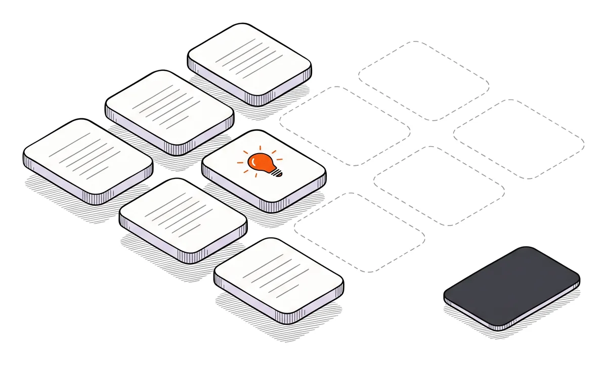 Une grille de cartes : cinq construites, quatre seulement en pointillés, et une carte anthracite posée à part.