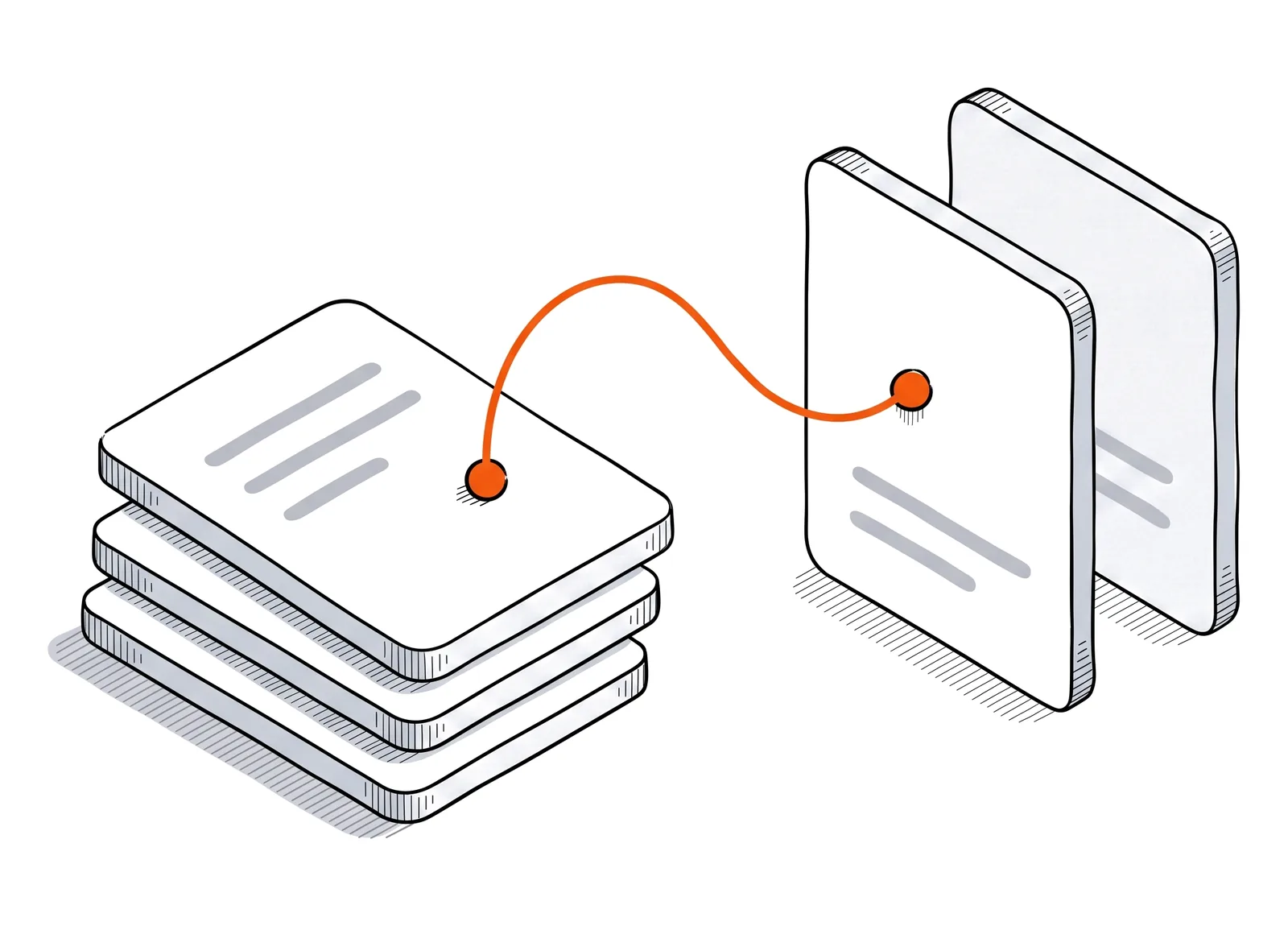 Une pile de trois cartes blanches à plat ; du nœud allumé de la carte du dessus, un fil orange rejoint la première de deux cartes debout un peu plus loin.
