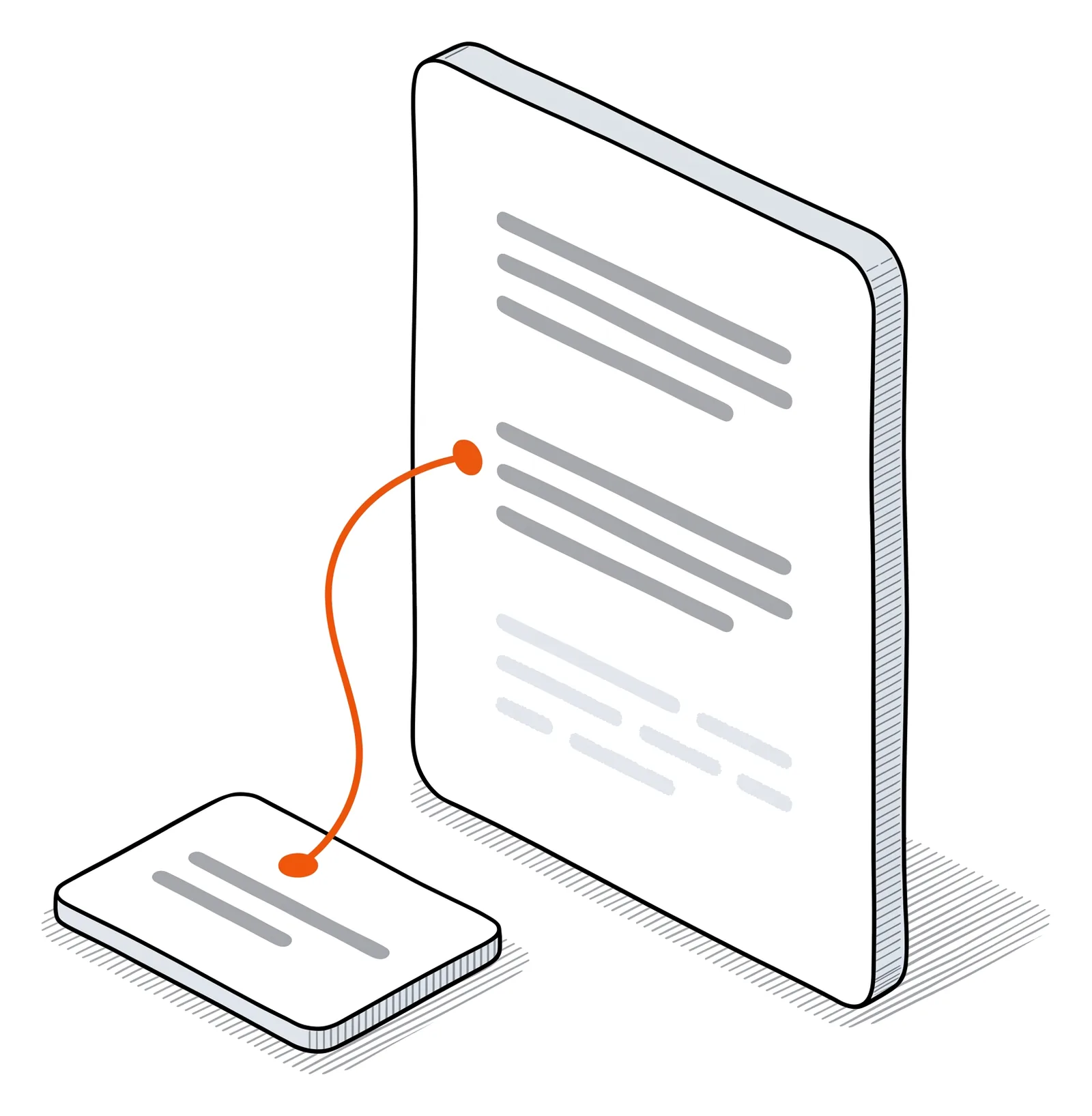 Une page debout, trois passages : le premier en traits pleins, le deuxième avec son nœud orange dont le fil rejoint une petite carte posée devant, le troisième en pointillés clairs, pas encore confirmé.