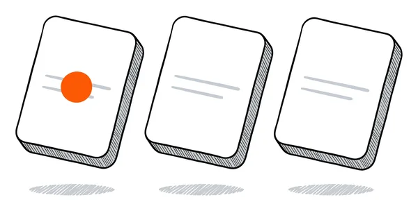 Trois cartes identiques côte à côte ; une seule porte un point allumé.