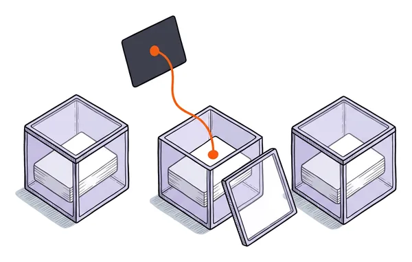 Trois cubes de verre lavande alignés, chacun avec ses cartes ; celui du milieu est ouvert, son couvercle posé à côté, et un fil y entre.
