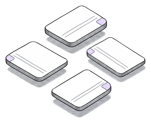 Quatre petites cartes séparées, chacune avec son coin lavande, rien entre elles.