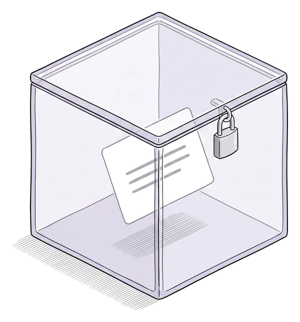 Un petit cube de verre fermé d’un cadenas, une carte dedans.