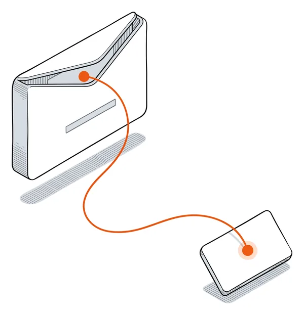 Une enveloppe-carte ouverte ; un fil en sort et rejoint une petite carte, allumée.