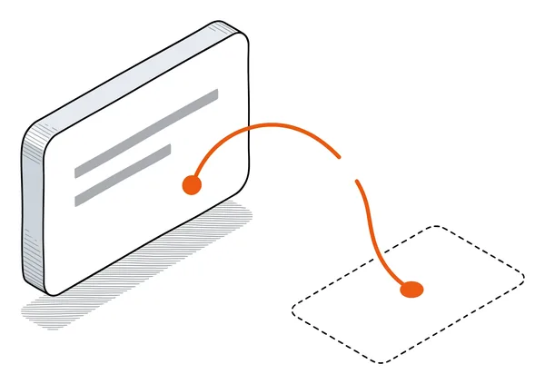 Une carte blanche ; son fil se rompt en l’air avant d’atteindre une carte dessinée en pointillés, pas encore là.