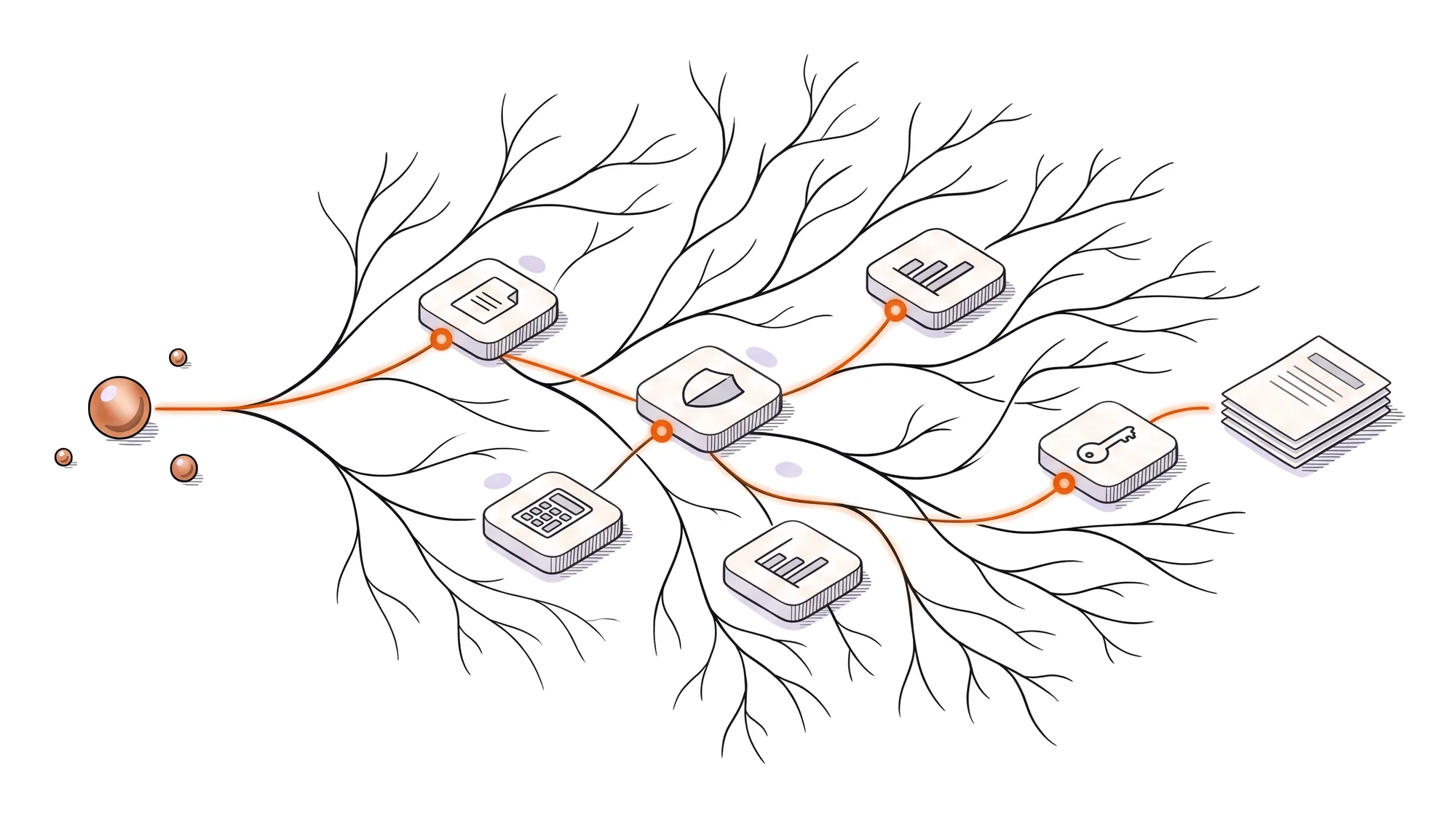 Une bille cuivrée à gauche ; un chemin orange traverse un arbre de fines branches noires en passant par cinq tuiles, et finit sur une pile de feuilles.