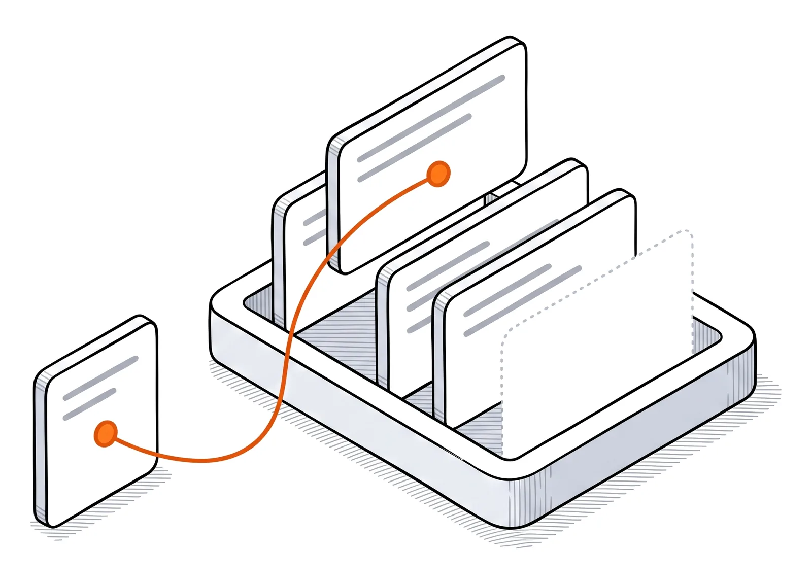 Un plateau de cartes blanches rangées de chant ; l’une est tirée vers le haut et son fil orange revient à une petite carte posée à côté, sa source ; la dernière carte du plateau n’est plus qu’un contour en pointillés.