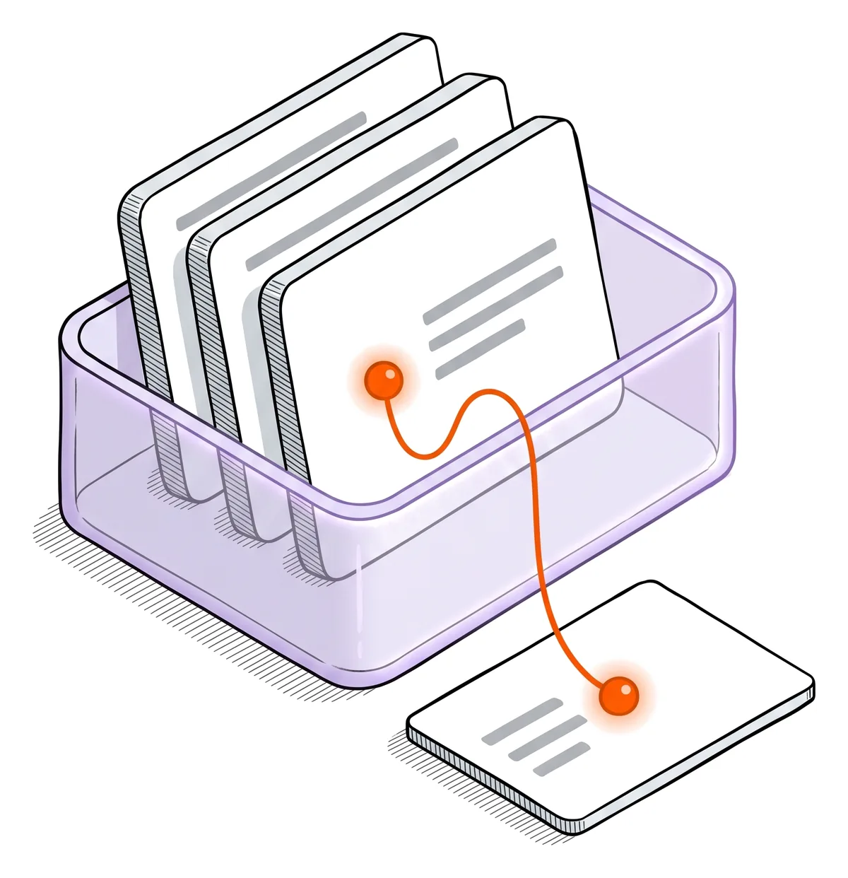 La même caisse en verre lavande ; du nœud de la carte de devant, le fil orange passe par-dessus le bord et rejoint une carte posée dehors.